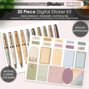 May include: A 30-piece digital sticker kit featuring individual pre-cropped transparent PNG images. The set includes illustrations of various pens with gold accents and text, alongside rectangular and oval note labels in muted pastel tones.