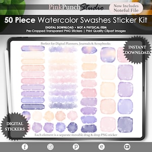 Könnte beinhalten: Ein digitales Sticker-Kit auf einem Tablet, das 50 Aquarellspritzer in Pastellfarben wie Rosa, Lila und Pfirsich zeigt. Der Text lautet "50 Piece Watercolor Swashes Sticker Kit" und "Digital Download". Perfekt für digitale Planer und Scrapbooks.