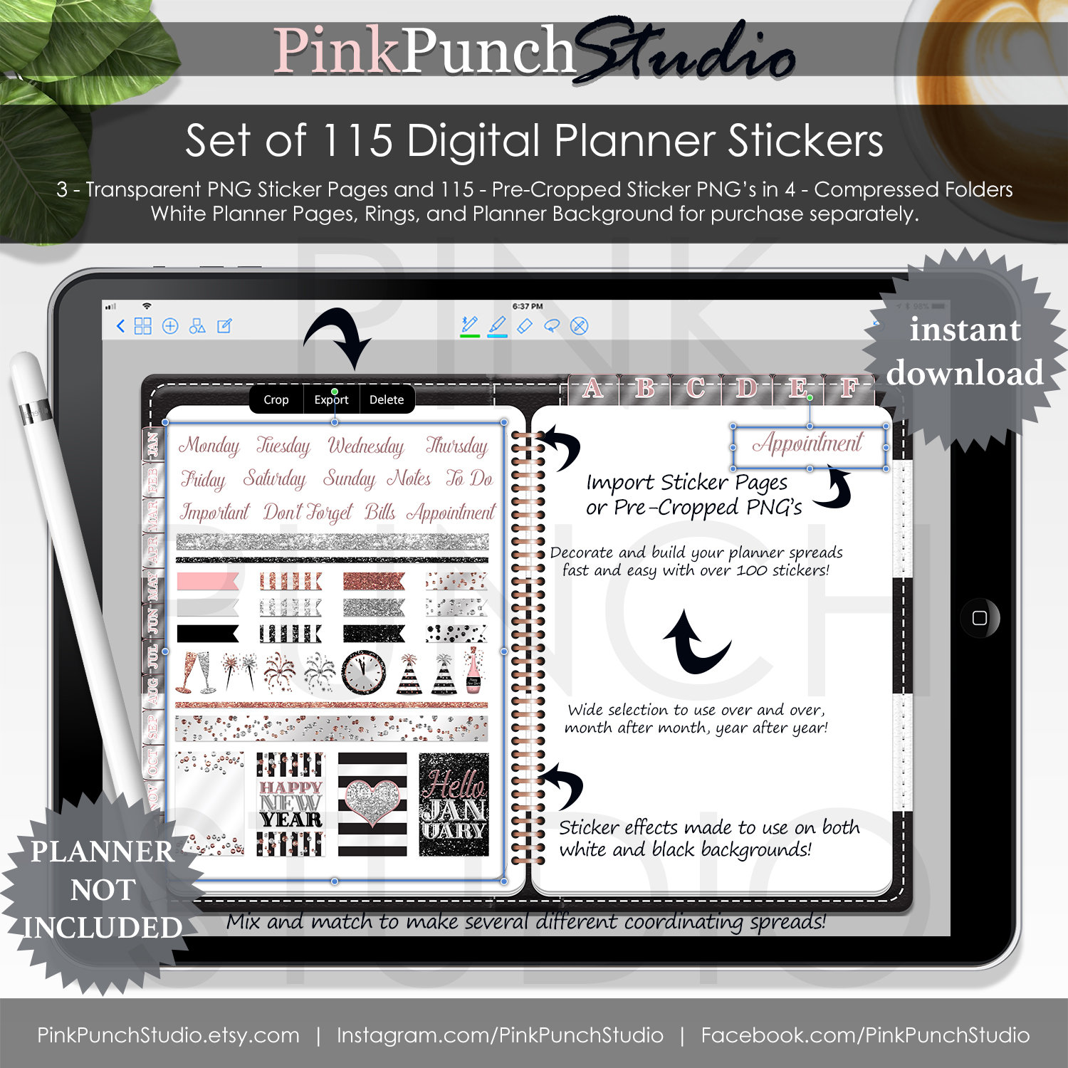 New Year January Digital Planner Stickers Kit Transparent PNG Files ...