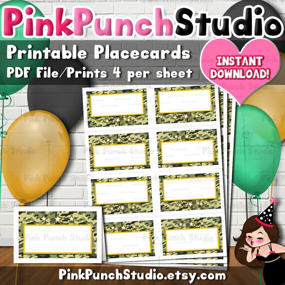 Printable Pink Army Soldier Military Camo Party Placecards Buffet Station Food Tent Cards INSTANT DOWNLOAD PDF File