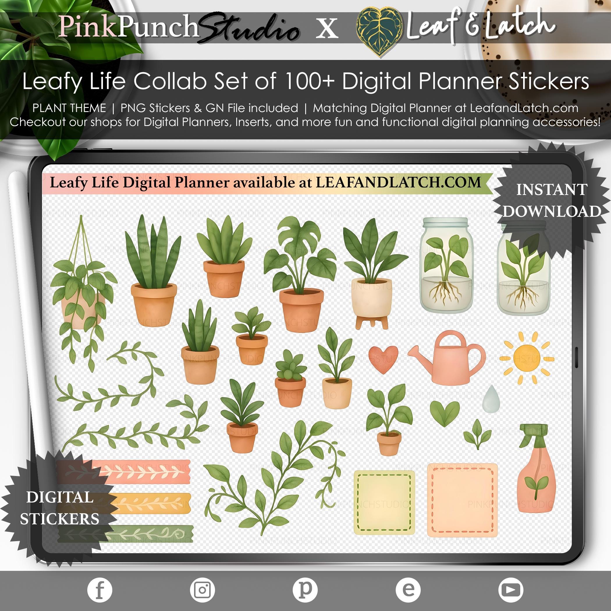 Leafy Life Digital Sticker Kit for GoodNotes – Botanical Plant Stickers for Leaf & Latch Planner, Digital Scrapbooking, Journaling, Notes