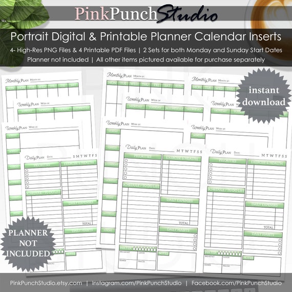 Green Monthly and Weekly Calendar Planner Pages - Printable at