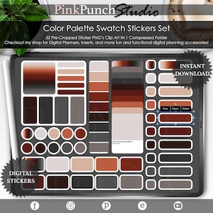 May include: A digital planner sticker set with 52 pre-cropped sticker PNGs in a compressed folder. The stickers feature a color palette of brown, orange, and gray shades. The text "DIGITAL STICKERS" and "INSTANT DOWNLOAD" are visible on the image.