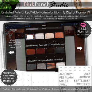 May include: A digital planner kit with a wide horizontal monthly layout. The kit includes 6 linked weekly pages, 42 linked daily pages, and 10 assorted background colors. The kit also includes perpetual calendar overlays. The kit is compatible with digital planning apps such as GoodNotes.
