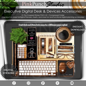 May include: Digital desk accessories set, including a keyboard, calculator, stapler, glasses, and coffee cup. The set features a wood grain design and the text "Executive Digital Desk & Devices Accessories". Includes digital stickers.
