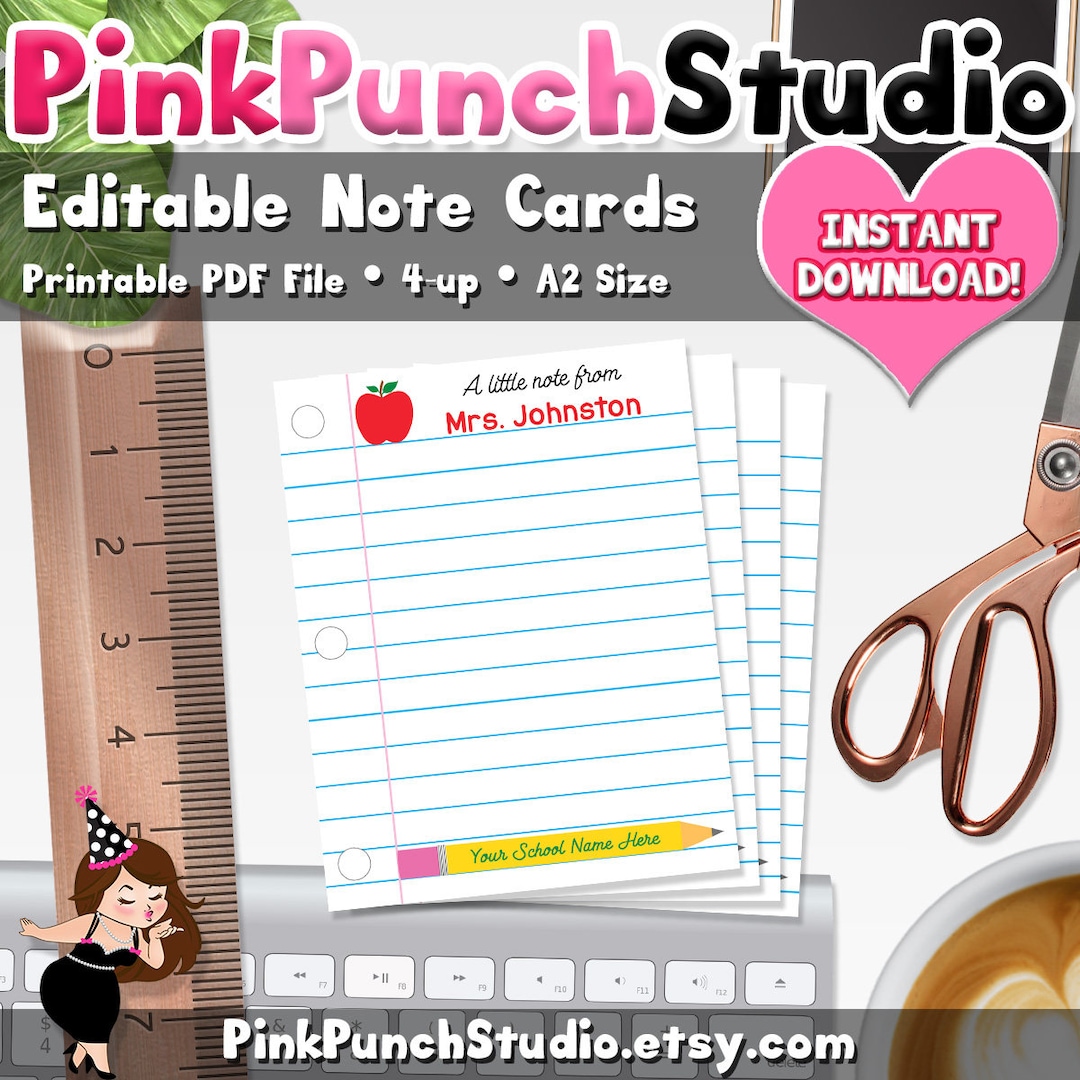 Editable Note Cards Teacher Printable PDF File INSTANT DOWNLOAD A2 Size Lined Paper Notepad Note ...