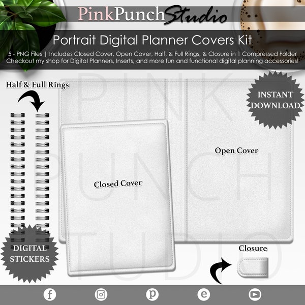 White Portrait Digital Planner Covers Kit Silver Spiral Wire Rings Closure PNG Files DIY Do it Yourself Journal Notebook Mockup
