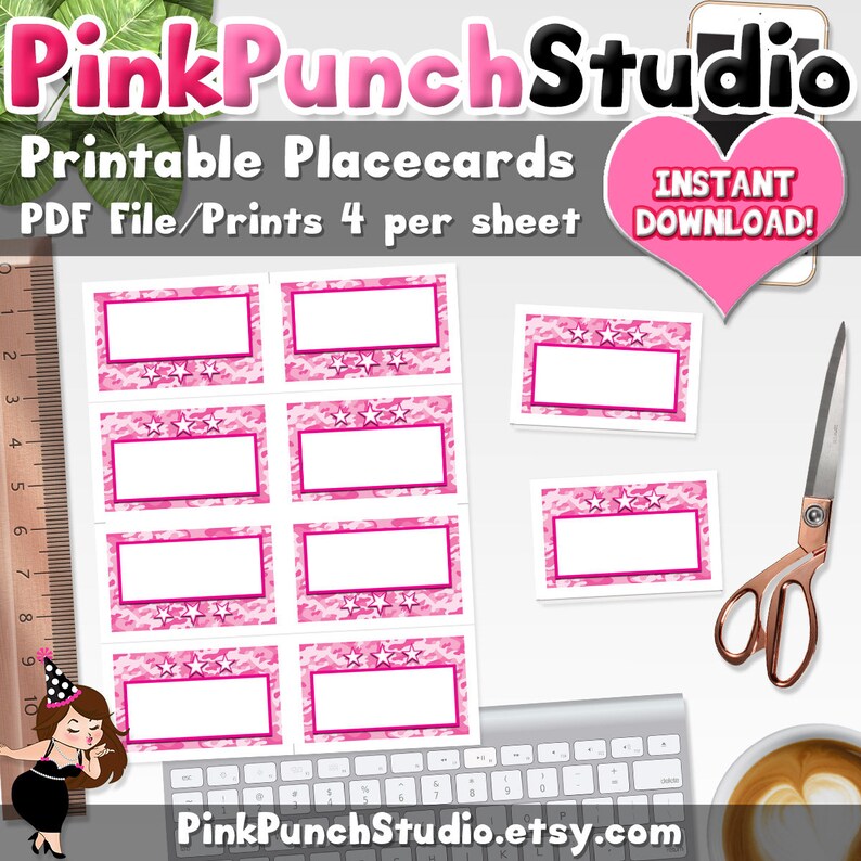 Printable Pink Army Soldier Military Camo Party Placecards Buffet Station Food Tent Cards INSTANT DOWNLOAD PDF File