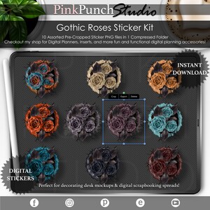May include: A set of 10 digital stickers featuring gothic roses in various colors, including black, teal, purple, and orange. The roses are arranged in circular bouquets with black thorns and leaves. The stickers are perfect for digital planners, scrapbooking, and other creative projects.  INSTANT DOWNLOAD.