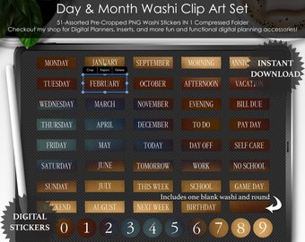Pegatinas Washi para calendario Steampunk Revolution (día, mes y semana): imágenes prediseñadas digitales para planificador (PNG), elementos realistas para diario basura, archivo Goodnotes