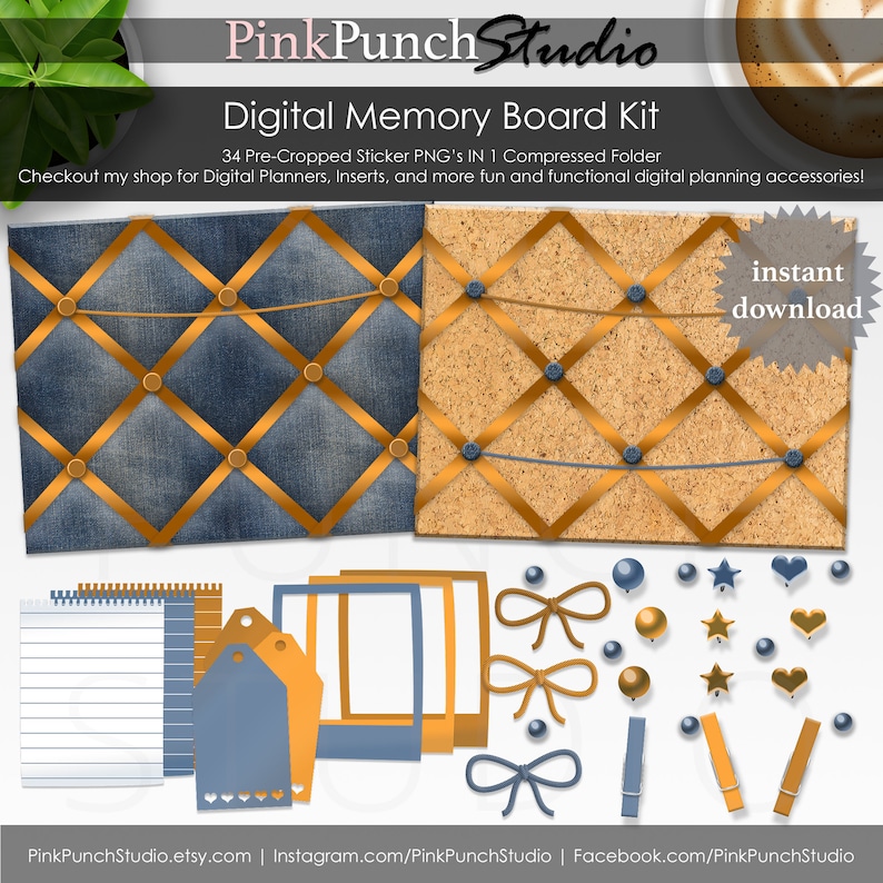 Denim Copper Memory Ribbon Bulletin Board Digital Planner Etsy