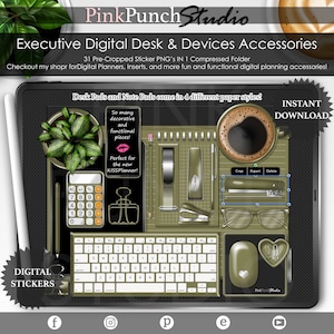 Olive Green Executive Devices Desk Accessories Kit Digital Planning Precropped PNG Stickers Scrapbooking ClipArt Planner Mockup Top View