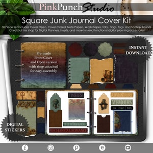 Steampunk Revolution Junk Journal Cover Kit: Square Planner Stickers (PNG Digital Files)