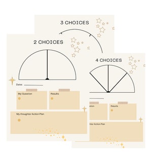 May include: A printable worksheet with a decision-making wheel divided into sections labeled "2 Choices", "3 Choices", and "4 Choices". The worksheet includes space for writing a question, results, thoughts, and an action plan.