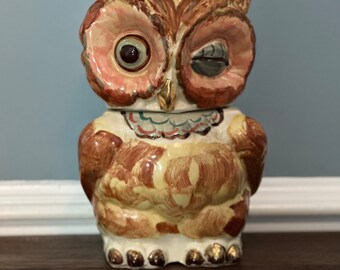 Mid Century 1940’s Shawnee Pottery Winking Owl Cookie Jar • Rare Coloring with Gold Trim • USA • Hand Painted