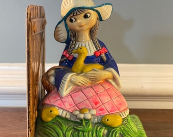 1960’s Dutch Country Farm Girl & Duck Bookend • Created by Earl Bernard New York • Made in Japan • Chalkware • Whimsical