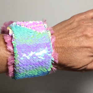 Adult fidget cuff with mermaid flip sequins Autism arm band Dementia Alzheimer’s sensory bracelet calming sensory textures