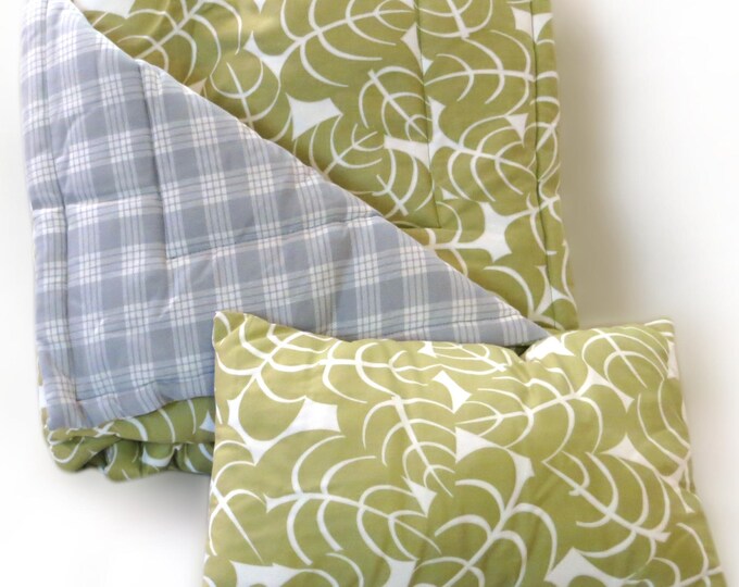 Green and White Leaf Print Quilt Set With Grey Palaka Etsy