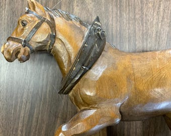 Antique Black Forest Wood Carved Draft Horse Pull Toy Beautiful Expressive Piece