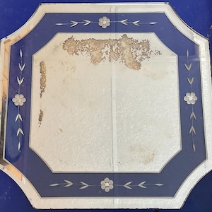 Shabby Elegance ~ Antique Art Deco Etched Flowers Glass 12”x12” dresser console mirror distressed ghosting