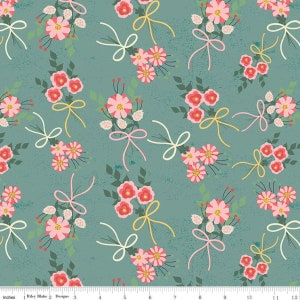 Modern Floral Cotton Fabric by the Yard in Teal and Pink by Riley Blake Designs and Strawberry Jam Bouquets Teal image 1