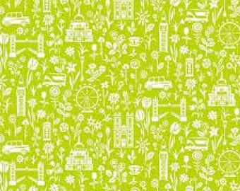 Lime Green Toile Cotton Fabric by the Yard, Liberty Parks C City Sights for Sewing Projects