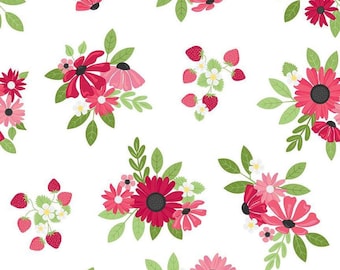 Riley Blake Designs Floral Cotton Fabric, Pink Strawberry Flowers Yardage