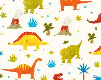 Dinosaur Cotton Fabric by the Yard, Prehistoric Adventure Bermuda by Katherine Lenius and Robert Kaufman Fabrics