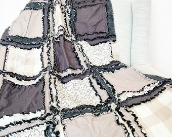Rag Quilt Kit, Baby Quilt Kit, Baby Shower Gift - Charcoal Gray, Tan