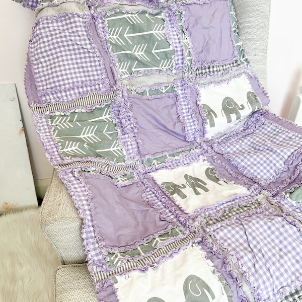 Elephant Rag Quilt Kit, Baby Quilt Kit, Baby Shower Gift - Purple and Gray