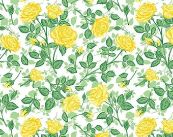 Yellow Floral Fabric | Friendship Florals Roses White | Riley Blake Cotton Fabric | Roses Floral Print by the Yard | Quilting Apparel Craft