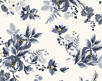 Navy Floral Fabric, Cotton Fabric by the Yard, Riley Blake Fabrics