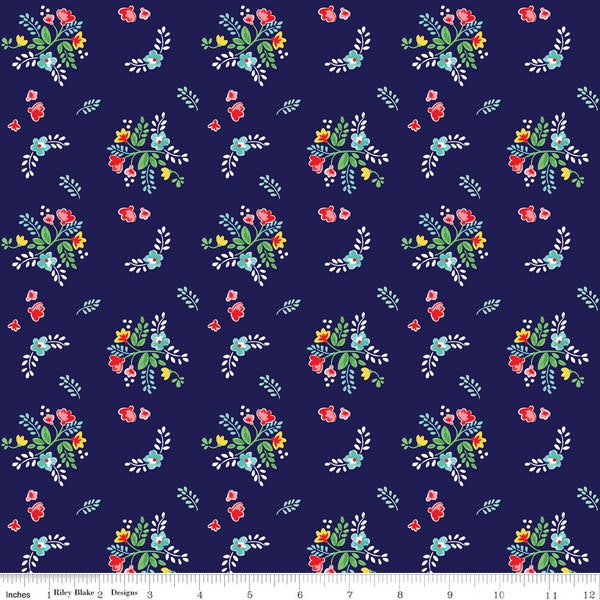 Vintage Market C464 Navy Blue Flower Fabric by the Yard Quilters Cotton - Floral Cotton Fabric Riley Blake Designs and Tasha Noel LAST PIECE