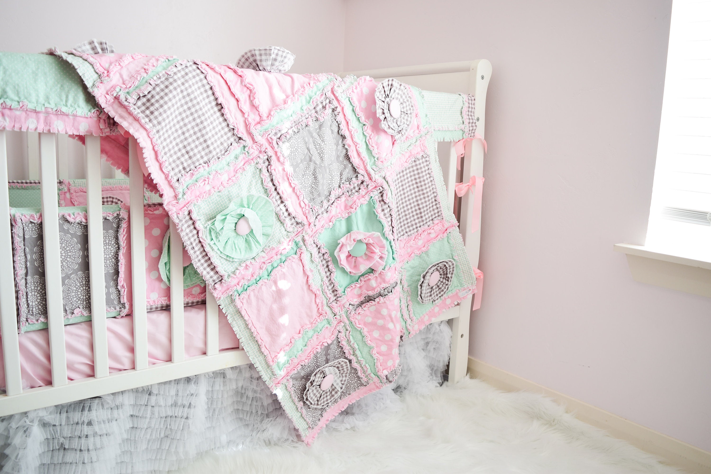 Rag Quilt Kit Baby Girl Quilt Kit Mint Pink Gray With Etsy