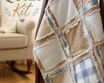 Baby Rag Quilt Kit | Tan & Blue Crib Size Sewing Pattern and Materials | Blue Tan Nursery Ragged Quilting Kit