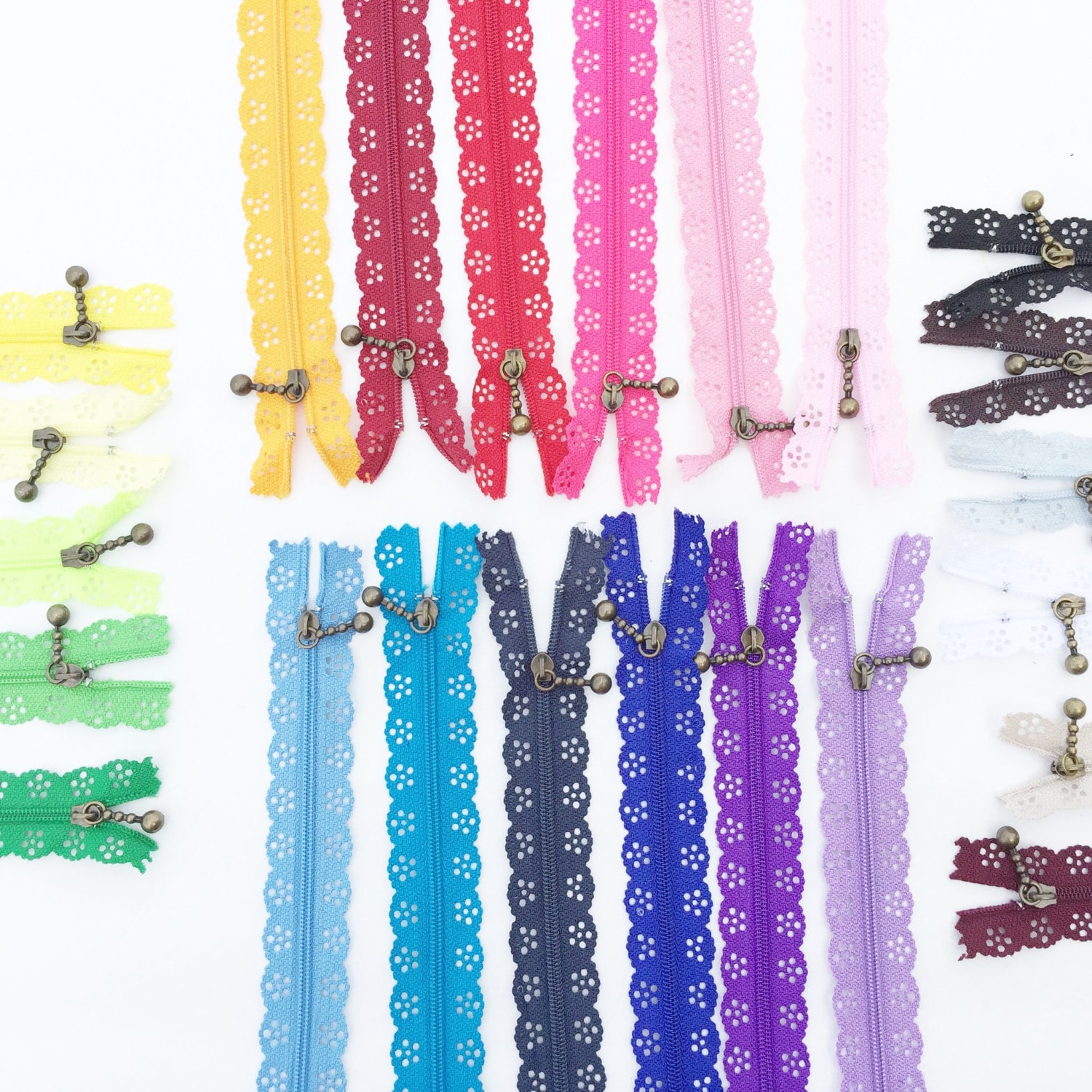 Lace Zippers for Sewing, Exposed Novelty Zippers with Decorative Lacy Edge for Sewing; 8 inch Bulk 40 Pcs, 20 Assorted Colors; by Mandala Crafts