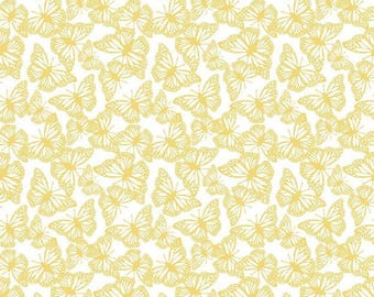Yellow Butterfly Fabric | Friendship Florals Butterflies White | Riley Blake Cotton | Butterfly Floral Print by the Yard | Quilting Apparel