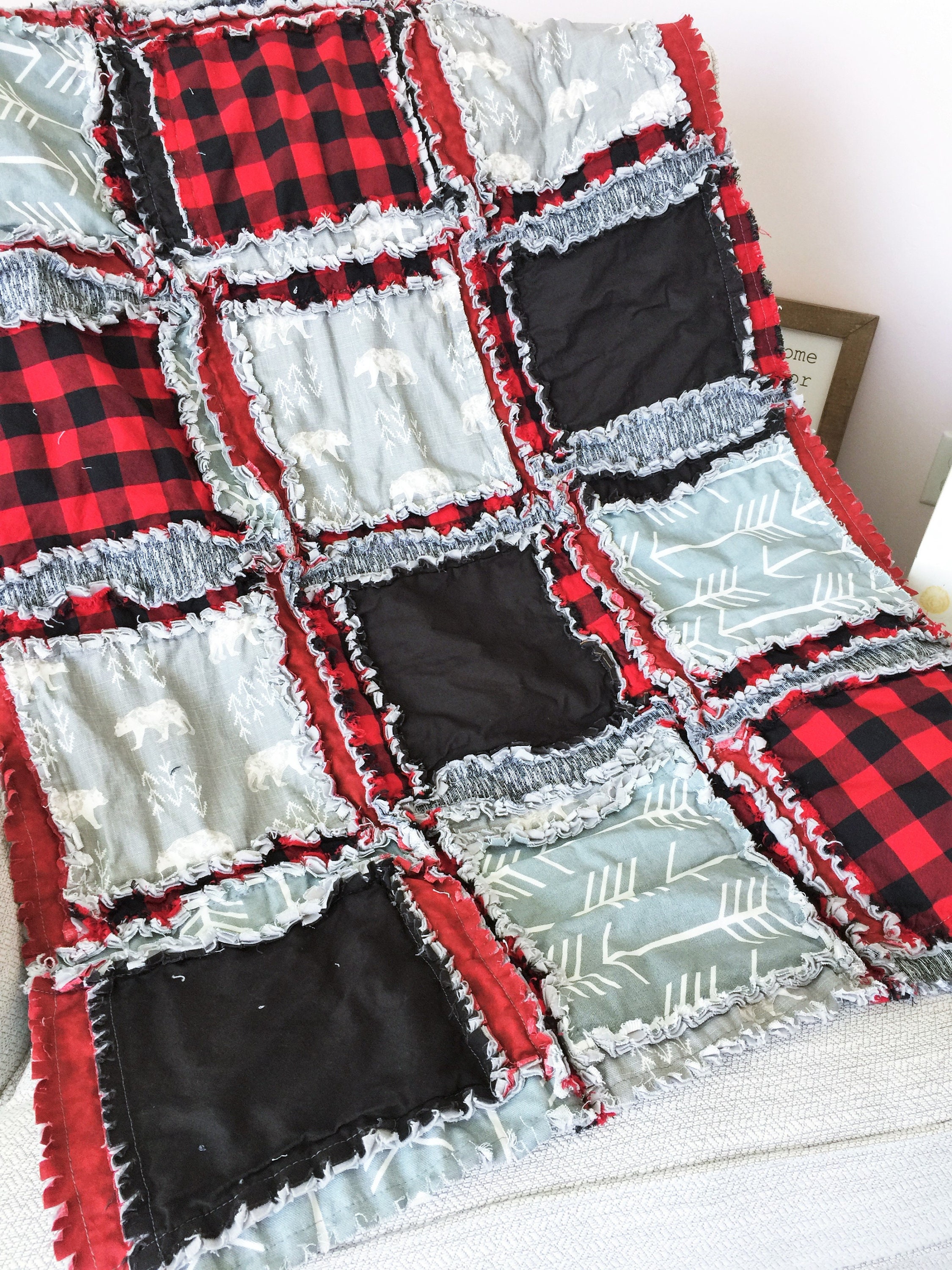 Bear Rag Quilt Kit Baby Boy Rag Quilt Kit Buffalo Plaid Red Etsy