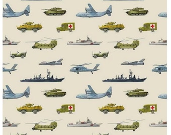 Airplane Army Cotton Quilting Fabric by the Yard | Riley Blake Yard | Letters from Home C15612 Khaki Aviation & Battleships | Military Sew