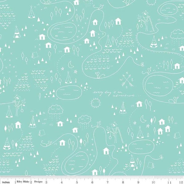 Aqua Maps Cotton Fabric by the Yard, Greatest Adventure by Riley Blake Designs