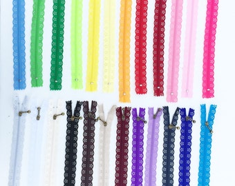 Lace Zipper, Many Colors - Nylon Zipper - 20 CM Zipper - 8 Inch Zipper - Closed End Zipper - Scallop Zippers - Antique Brass Metal Zippers