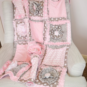 Pink Gray Rag Quilt Kit for Baby Girl | Modern Rag Quilt DIY | Patchwork Sew Your Own Blanket | Fluffy Exposed Seams Crib Size Bedding