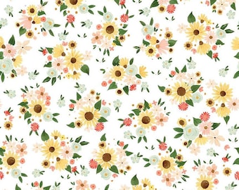 Yellow Sunflowers Floral Cotton Fabric by the Yard, Wildflower Fabric, Yellow Green and Pink Cotton Fabric