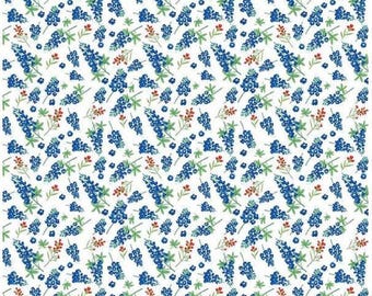 Blue Floral Fabric | Bluebonnets Material White Cotton by the Yard | Riley Blake Designs & Diane Labombarbe RBD