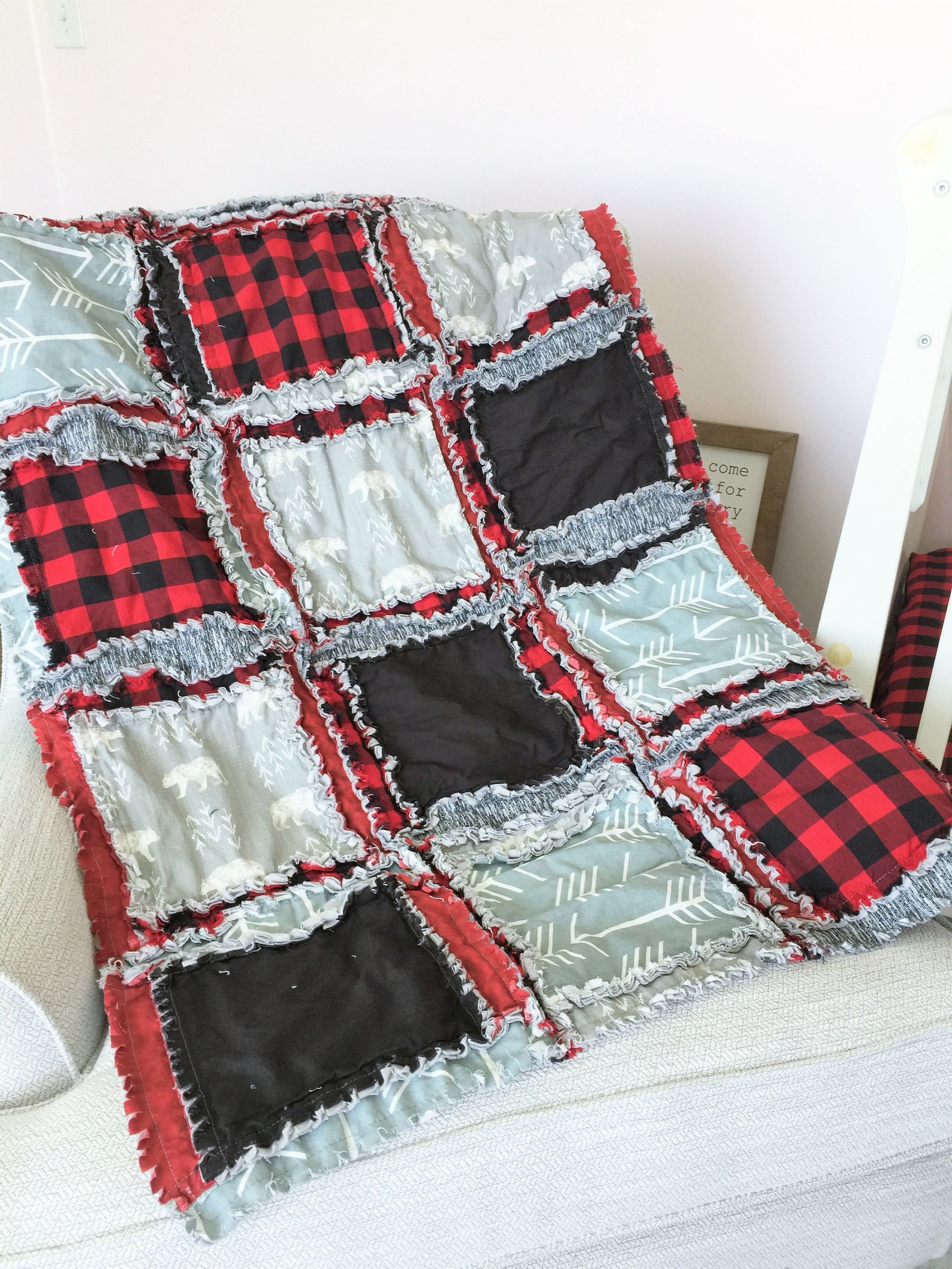Bear Rag Quilt Kit Baby Boy Rag Quilt Kit Buffalo Plaid Red Etsy
