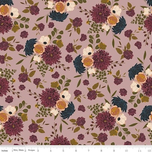 Floral Cotton Fabric by the Yard in Dark Red, Green, Blue Vintage Flowers Sonnet Dusk by Corri Sheff and Riley Blake Designs for Quilt