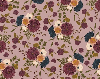 Floral Cotton Fabric by the Yard in Dark Red, Green, Blue Vintage Flowers Sonnet Dusk by Corri Sheff and Riley Blake Designs for Quilt