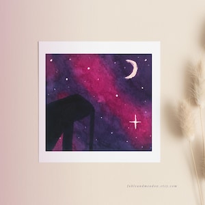 Spalti al chiaro di luna, cielo stellato notturno, piccolo dipinto sullo sfondo, dipinto ad acquerello originale senza cornice, spalti Moonlite dipinti a mano
