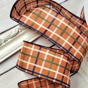 Fall Plaid ribbon Check Fall Ribbon Orange Fall Wired Ribbon  Wreath Ribbon 2.5 Inch wired ribbon Navy Ivory Plaid ribbon