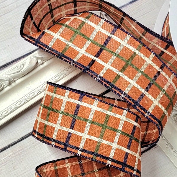 Orange Plaid ribbon Fall Ribbon Rust Navy Moss Fall Wired Ribbon  Wreath Ribbon 2.5 Inch wired ribbon Navy Ivory Plaid ribbon